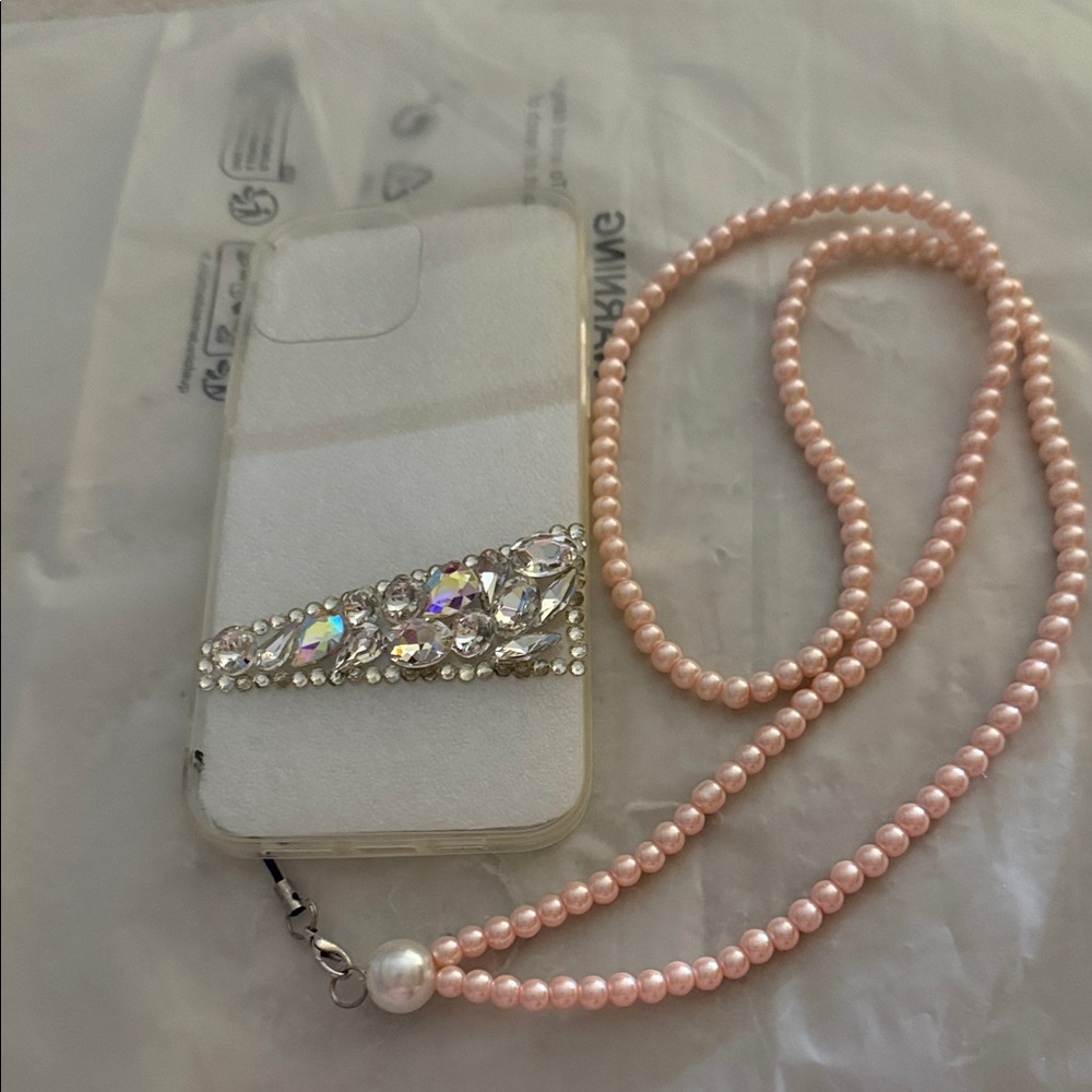 Rhinestone Phone Case with Pink Pearl Strap